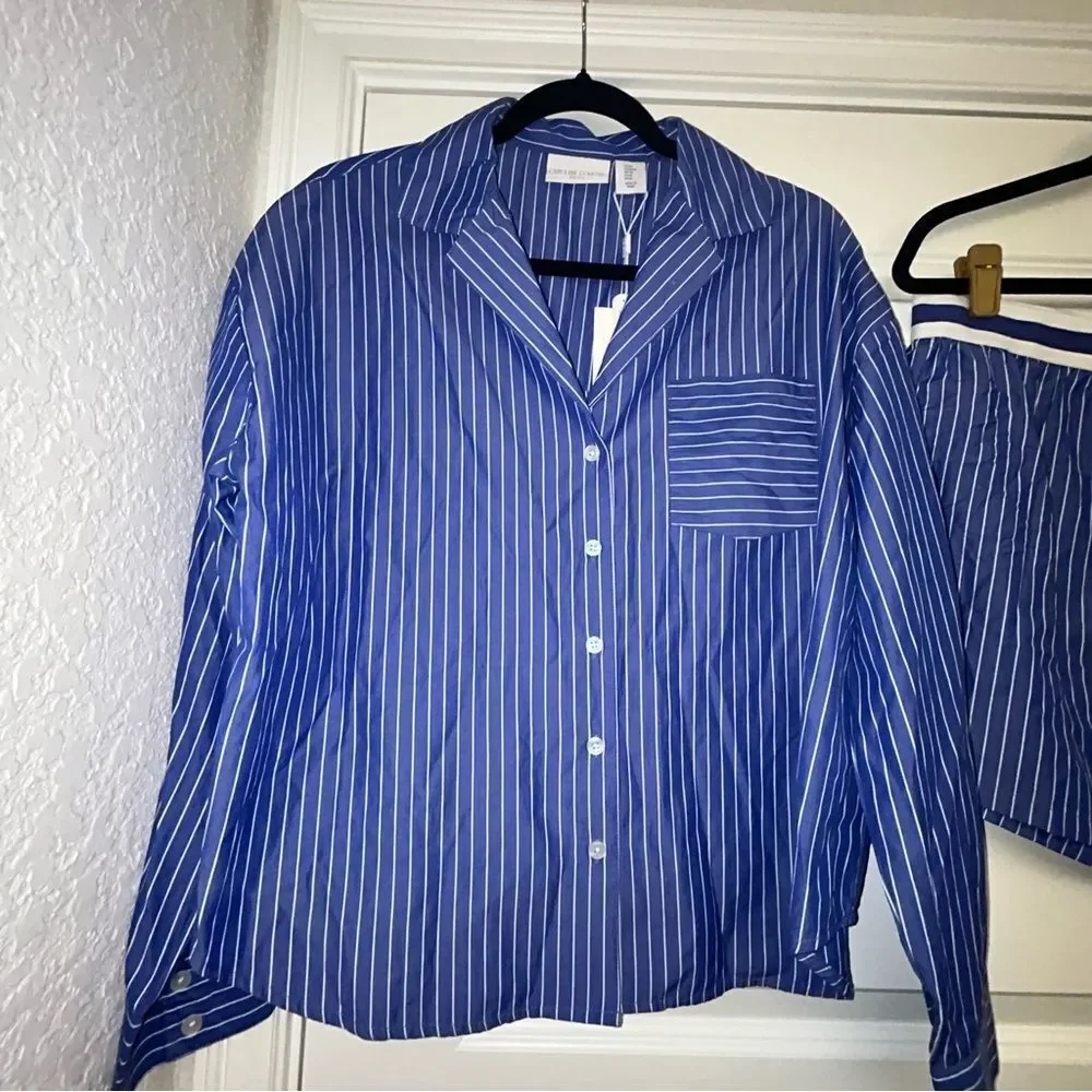New, Caroline Constas Stripe Print Shirt and Short Sleepwear Set